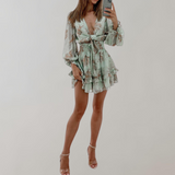 Audrey - Über dem Knie Minikleid Damen | Kleid mit langen Puffärmeln | geblümtes Minikleid mit langen Ärmeln
