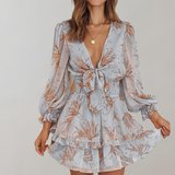 Audrey - Über dem Knie Minikleid Damen | Kleid mit langen Puffärmeln | geblümtes Minikleid mit langen Ärmeln