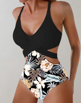 Palmer - Einteiliger Badeanzug mit Cut-Outs | Badeanzug mit lebendigem Blumendruck und tropischen Motiven