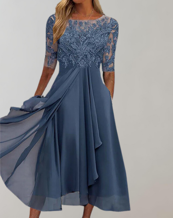 Shara - Abendkleid für Damen | Kleid mit Blumenstickerei | Kleid mit gefaltetem Saum