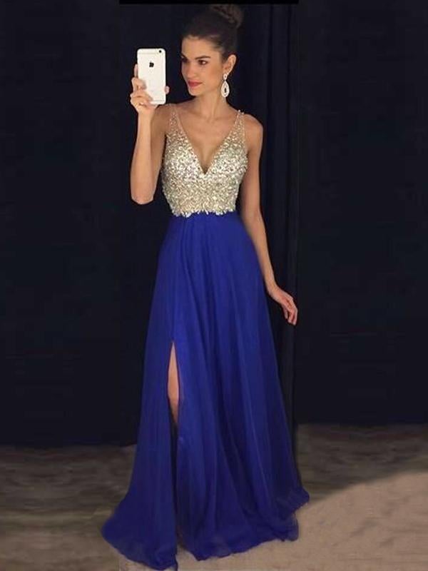 Elegantes langes Kleid mit funkelndem Paillettenschlitz und fließendem V-Ausschnitt