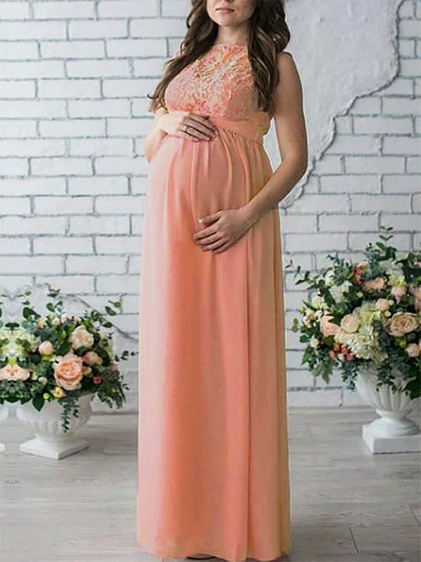 Elegantes Umstandskleid aus Spitze mit Gürtel, ärmellos