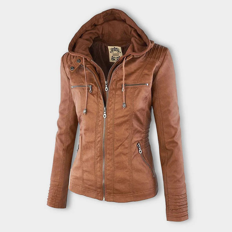 Damen Biker-Jacke aus Kunstleder – Stylische Jacke mit Kapuze und Reißverschlüssen, ideal für Herbst und Frühjahr