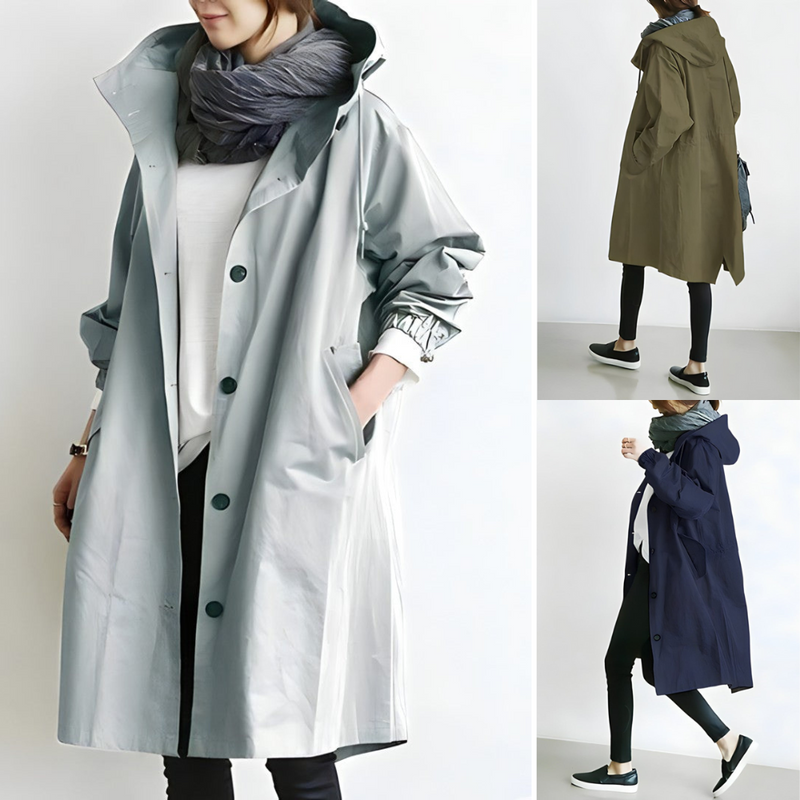 Damen Oversize Trenchcoat mit Kapuze – Lässiger, wasserabweisender Mantel in Grau für den Übergang