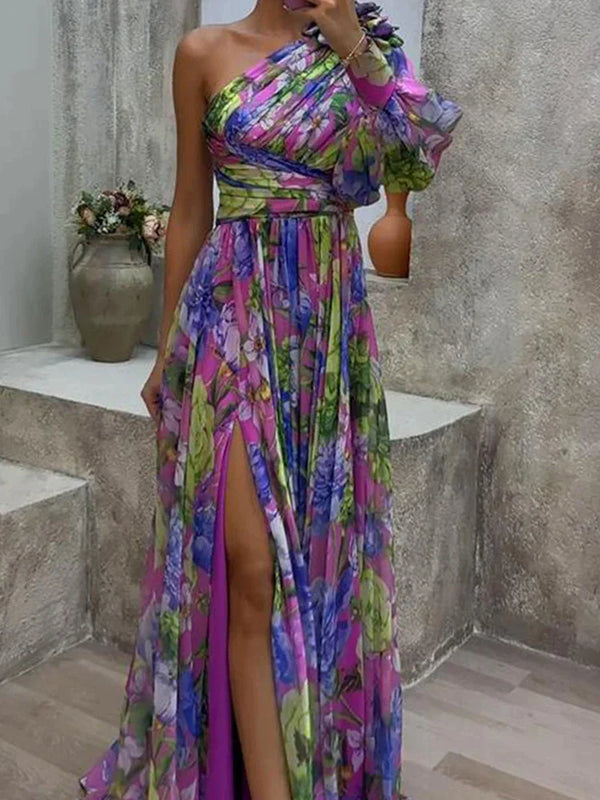 MODA -  Maxikleid Lila Druck mit ein Ärmel | Sexy Abendkleid | Elegantes Cocktailkleid