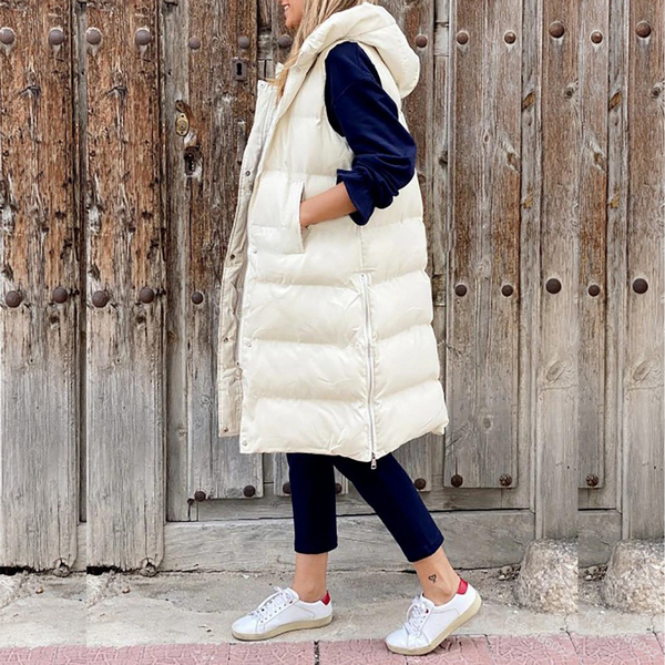 Lange gesteppte Damenweste mit Kapuze – Warme, ärmellose Weste für Herbst und Winter, ideal für lässige Outdoor-Looks