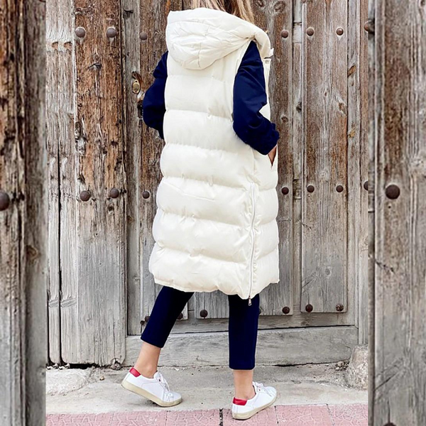 Lange gesteppte Damenweste mit Kapuze – Warme, ärmellose Weste für Herbst und Winter, ideal für lässige Outdoor-Looks