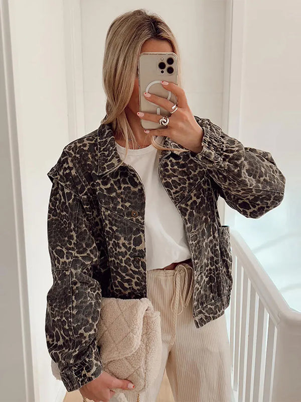 Leopardenmuster Kurzer, Eleganter Warmer Mantel für Damen mit Langarm