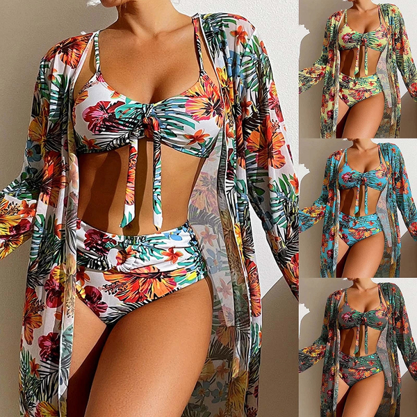 Alice - Bikini-Set mit hoher Taille und tropischem Blumenmuster und transparentem Überzug