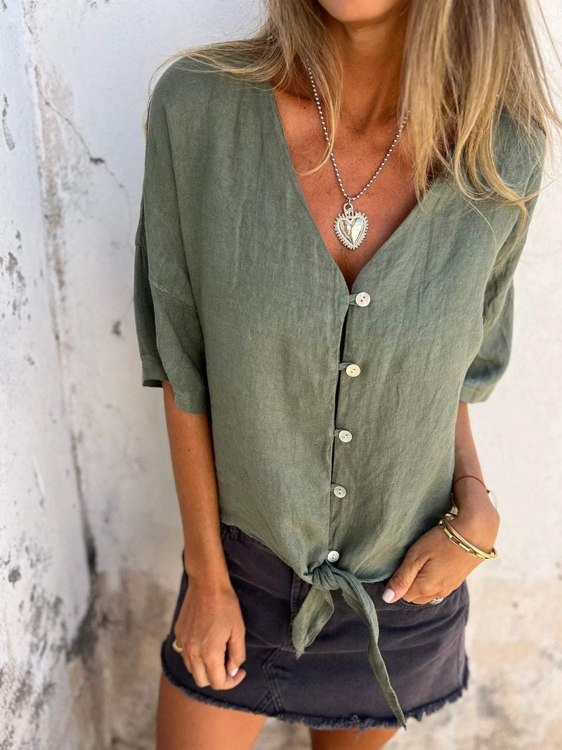 Chic Sommer V-Ausschnitt Baumwoll-Leinen Top für Damen