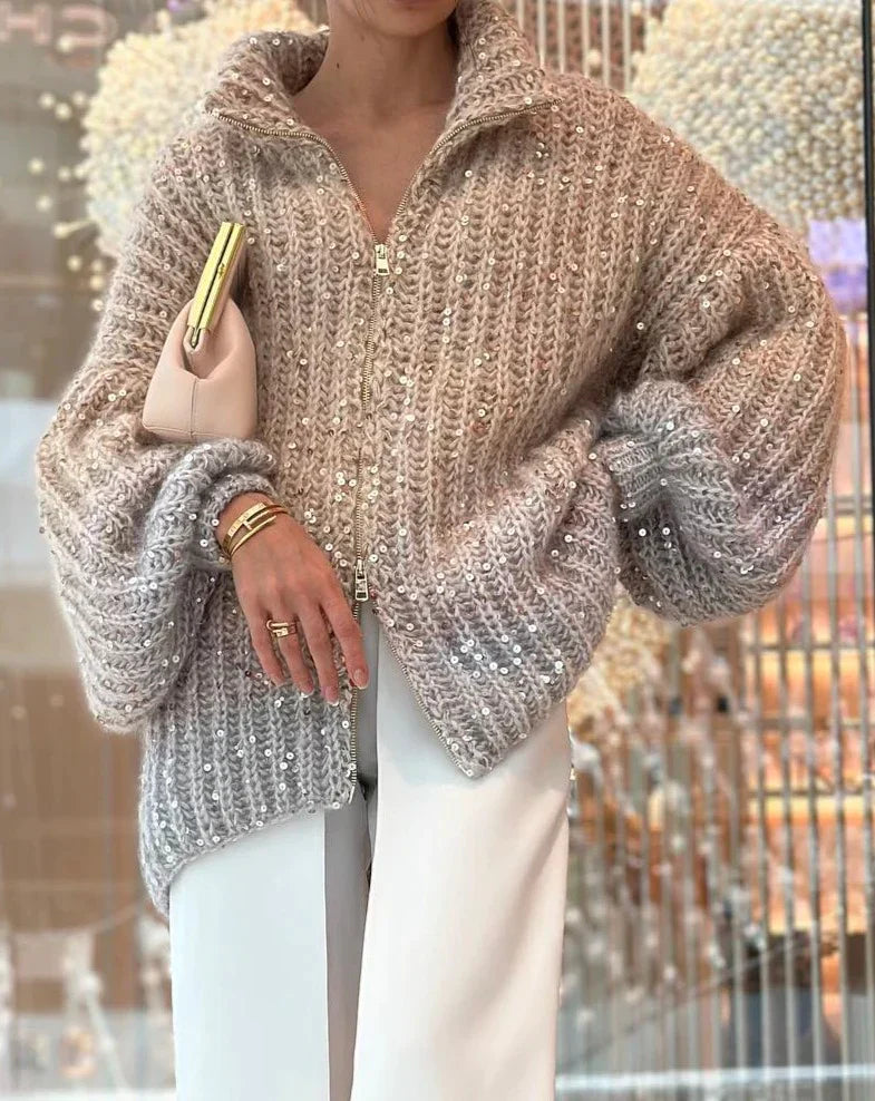 Elegante Damen Strickjacke mit Pailletten – Weiche, glänzende Cardigan-Jacke mit voluminösen Ärmeln
