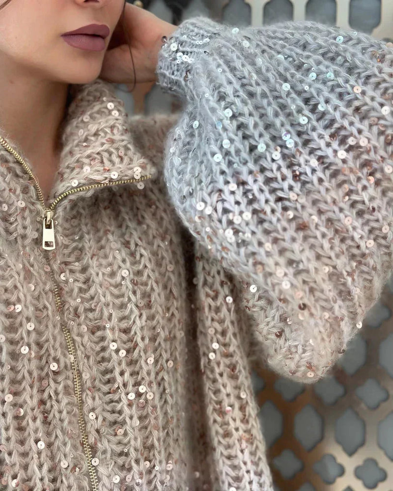 Elegante Damen Strickjacke mit Pailletten – Weiche, glänzende Cardigan-Jacke mit voluminösen Ärmeln