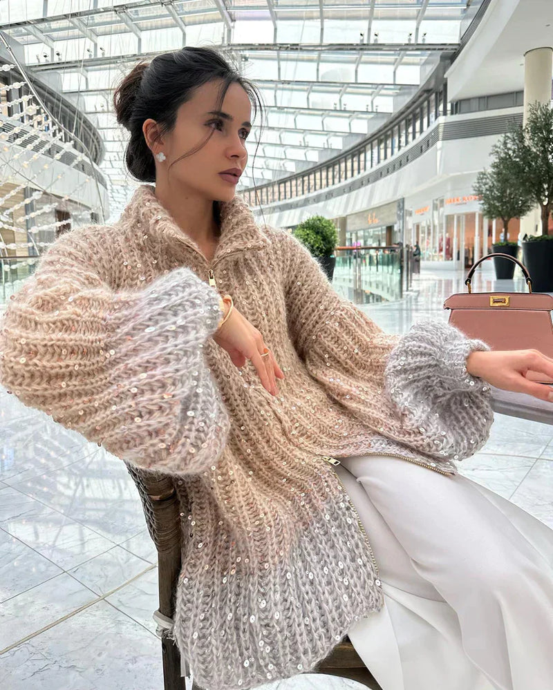 Elegante Damen Strickjacke mit Pailletten – Weiche, glänzende Cardigan-Jacke mit voluminösen Ärmeln