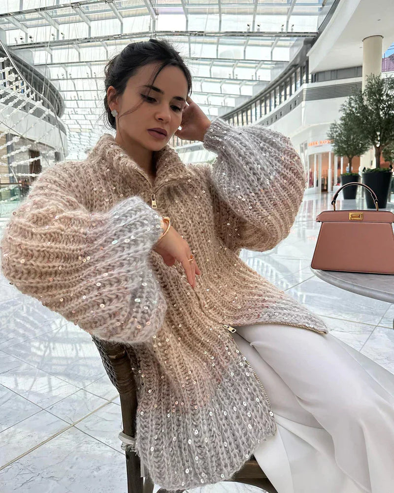 Elegante Damen Strickjacke mit Pailletten – Weiche, glänzende Cardigan-Jacke mit voluminösen Ärmeln
